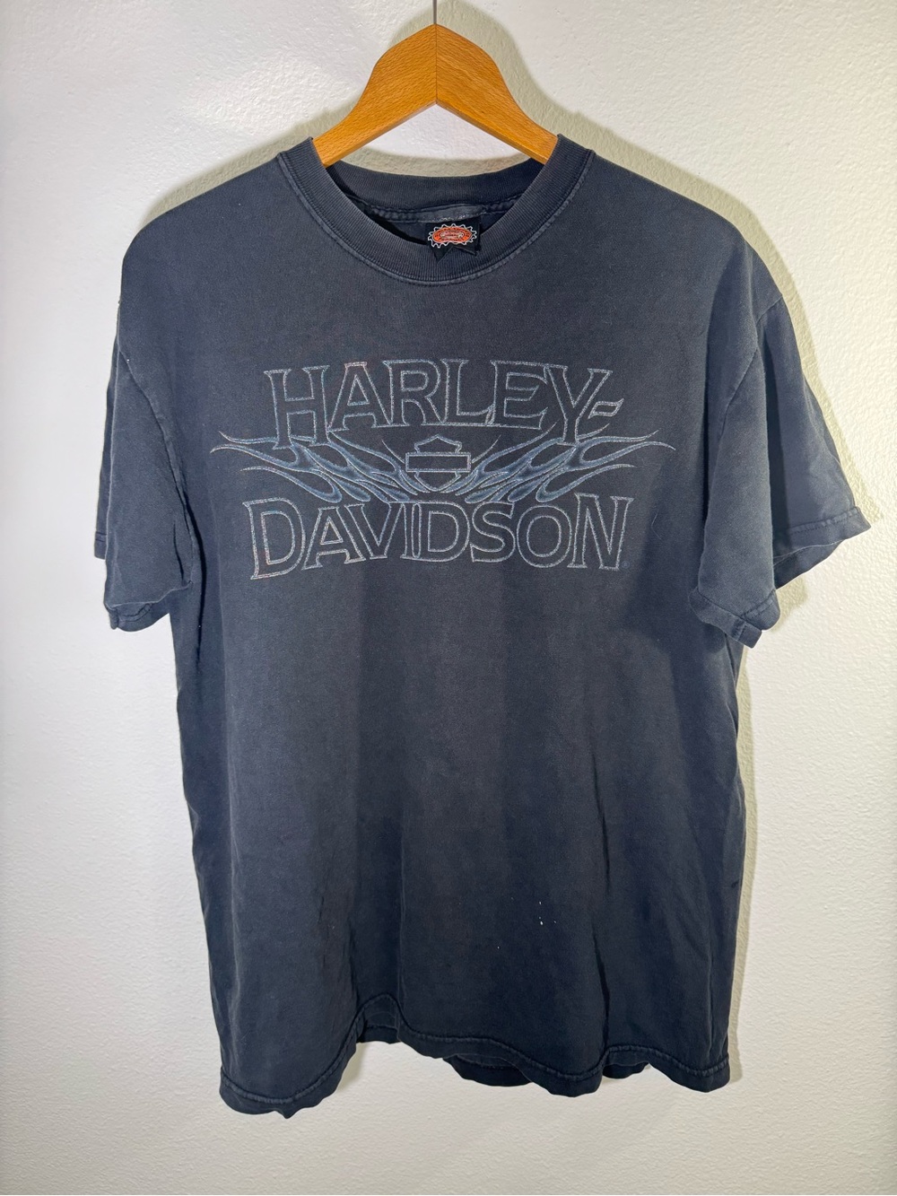 Vintage 90s Harley-Davidson Black T-Shirt with Faded Gray Logo Blue Flame